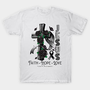 Melanoma Cancer Awareness - Jesus Cross ribbon Faith T-Shirt